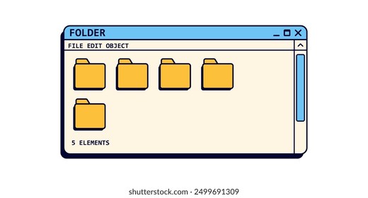 Retro file system program in blue colors. Set of folders in old style. Vintage user interface for desktop.