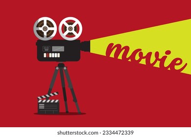 Retro film camera with movie text on red background - vector