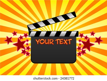 retro film clapper on yellow - orange rays background with stars decoration and your text position