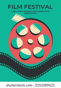 Retro film festival poster decorated with colored film reel and ribbon. Movie film poster design. Vector illustration