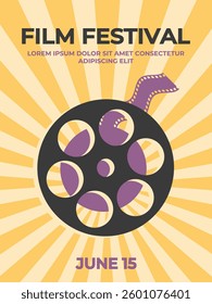 Retro film festival poster with film reel with wavy ribbon on rays background. Minimalist movie poster. Vector illustration