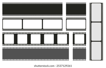 Quadros de filme retrô e fita. Listras de filme em branco isoladas em branco. Elementos de cinema ou foto, slides para câmera analógica. Padrão de vetor de quadros preto sem costura