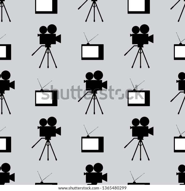 Retro film industry seamless pattern. Repetitive\
vintage TVs and camcorders. Stylish seamless pattern. Black, white,\
gray.\