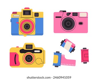 Retro film photo camera isolated on white background. Old vintage analog disposable photo camera. Hand-drawn colored flat vector illustration