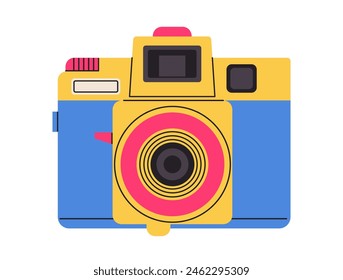 Retro film photo camera isolated on white background. Old vintage analog disposable photo camera. Hand-drawn colored flat vector illustration