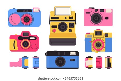 Retro film photo camera isolated on white background. Old vintage analog disposable photo camera. Hand-drawn colored flat vector illustration