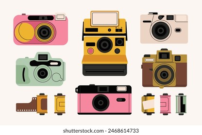 Retro film photo camera isolated on white background. Old vintage analog disposable photo camera. Hand-drawn colored flat vector illustration