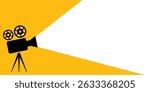 Retro film projector with light beam vector illustration. Cinema or movie night symbol for filmmaking, presentations, or creative projects. Black silhouette on yellow background.