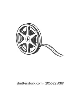 Retro film reel isolated multimedia video tape monochrome icon. Vector documentary footage spool with negative reel in circle, cinematography coil, multimedia. Filmstrip, photo and video tape in roll