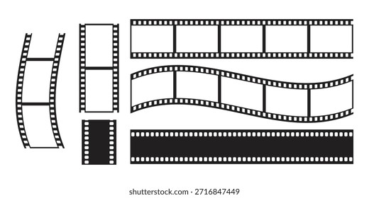 Colección de marcos de tira de película retro con tiras de película rectas y curvas en fondo transparente.
