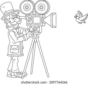 Retro filmmaker in a top hat with his old camera making a film with a flying small bird, black and white vector cartoon illustration for a coloring book page