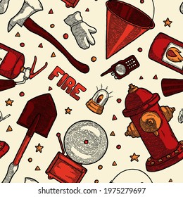 Retro Fire Fighter Seamless Pattern Background. Vector Illustration. EPS10. Decor textile wrapping paper wallpaper vector print or fabric. Pprofessional tools and equipment. Set of fireman tools