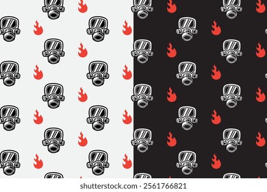 retro firefighter face mask with fire seamless pattern on black white background for packaging and merchandise.  face mask with flame symbol pattern background. pattern of firefighter mask background