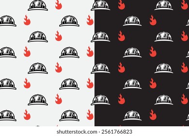 retro firefighter helmet with fire seamless pattern on black white background for packaging and merchandise.  rescuer helmet with flame pattern background. pattern of firefighter helmet background