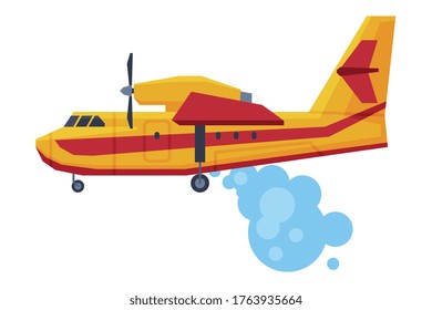 Retro Firefighting Aircraft Dropping Water, Emergency Service Rescue Vehicle Flat Style Vector Illustration on White Background