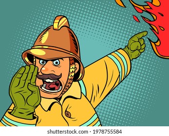 Retro fireman yells about a fire. Danger and rescuers