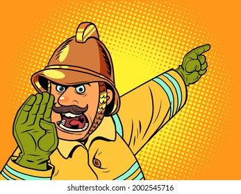 Retro fireman yells about a fire. Danger and rescuers