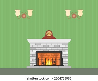 Retro fireplace with mantel clock on white background. Vector illustration. Cartoon flat style. Home interior concept