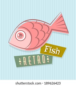 Retro fish illustration on striped blue background