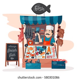 Retro Fish Street Shop Store Market With Freshness Seafood In Fridge Traditional Asian Meal And Man Dealer Business Person Meat Seller Vector Illustration.