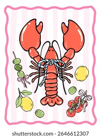 Lagosta estética pescador retrô com arco em pastel estilo de arte linha doodle inspirado por amalfi dolce vita perfeito para clipart frutos do mar e decoração de parede de cozinha