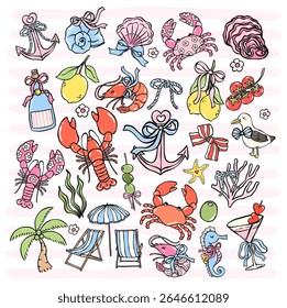Pescador retro estética em pastel coquette feminino doodle estilo conjunto inspirado por amalfi dolce vita perfeito para clipart frutos do mar e decoração de parede de cozinha