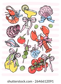 Pescador retro estética em pastel coquette feminino doodle estilo inspirado por amalfi dolce vita perfeito para clipart frutos do mar e decoração de parede de cozinha