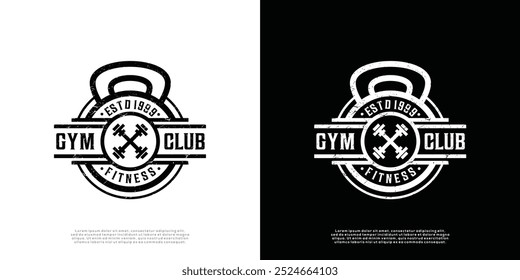 Retro fitness badge logo design illustration. Sport fitness center emblem logo template.	