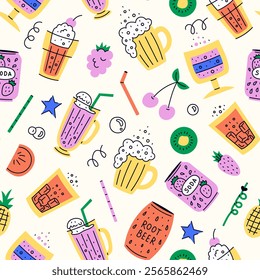 Retro Fizzy Drinks Seamless Pattern. Playful Soda and Carbonated beverage glasses cups and mugs with falling fruits and bubbles. Flat style vector illustration