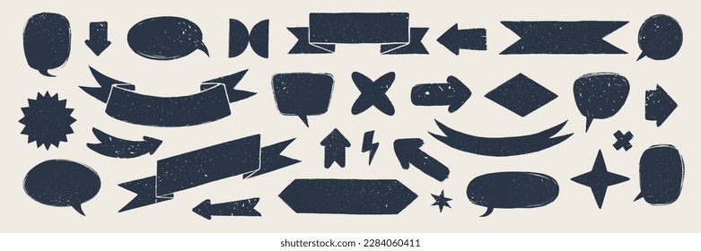 Retro flag and ribbon banners. Hand drawn vintage textured badges, banner, ribbon, flag, and other design elements. Hand-drawn infographic Vector collection.