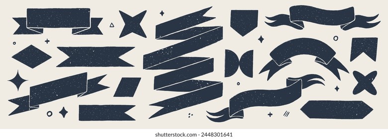 Retro flag and ribbon banners. Hand drawn vintage textured badges, banner, ribbon, flag, and other design elements. Hand-drawn infographic Vector collection.