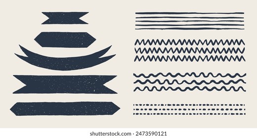 Retro flag and ribbon banners. Hand drawn vintage textured badges, banner, ribbon, flag, and other design elements. Hand-drawn infographic Vector collection.