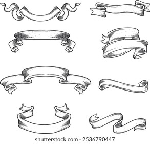 Bandeiras retrô e faixas de fita. Mão desenhado vintage texturizado distintivos, banner, fita, bandeira e outros elementos de design. Coleção de vetor infográfico desenhado à mão.