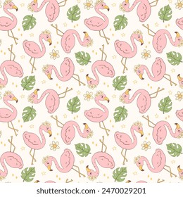Retro Flamingo Summer Seamless Pattern Playful Groovy Repeat background Design