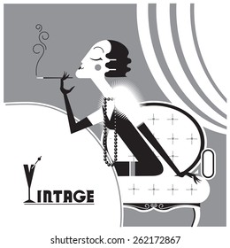 Retro Flapper girl with sigaret in room.Vector black graphic illustration background