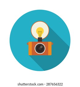 Retro flash camera round icon with long shadow isolated on white
