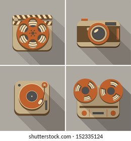 Retro flat arts icons: movie, music and photography
