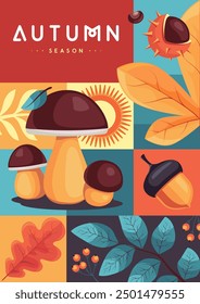 Retro flat autumn cover or party poster with autumn floral attributes. Seasonal sale poster. Vector illustration