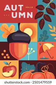 Retro flat autumn cover or party poster with autumn floral attributes. Seasonal sale poster. Vector illustration