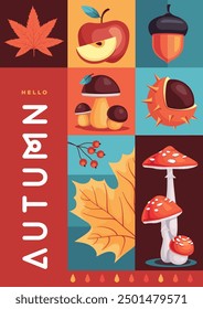 Retro flat autumn cover or party poster with autumn floral attributes. Seasonal sale poster. Vector illustration