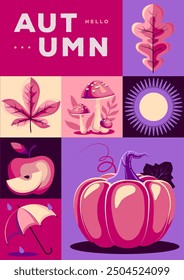 Retro flat autumn cover or party poster with autumn floral attributes. Seasonal sale poster. Vector illustration