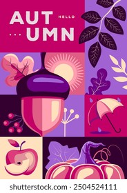 Retro flat autumn cover or party poster with autumn floral attributes. Seasonal sale poster. Vector illustration