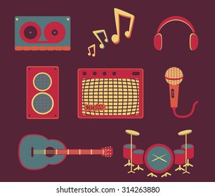 Retro flat cartoon design on a musical theme . Set of icons , objects related to the sound.
Musical instruments and dynamics.