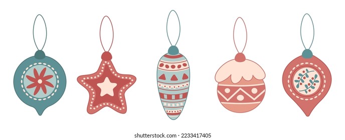 Retro flat Christmas tree ornamented balls set. Cute vintage retro colors. Can be used for card, invitation, border. Isolated vector illustration.