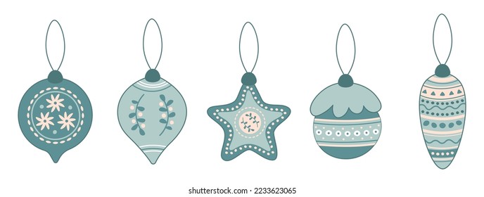 Retro flat Christmas tree ornamented blue balls set. Vintage retro colors. Can be used for card, invitation, border. Isolated vector illustration.