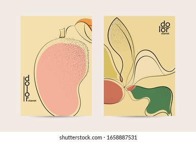Retro flat colored organic food flyer template. Hand drawn fruit line logo design. Cartoon calligraphic line vegetable with smooth curves grange textured.  Healthy eating brochure layout.