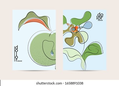 Retro flat colored organic food flyer template. Hand drawn fruit line logo design. Cartoon calligraphic line vegetable with smooth curves grange textured.  Healthy eating brochure layout.