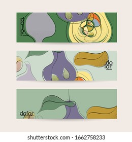 Retro flat colored organic food banner template. Hand drawn fruit line logo design. Cartoon calligraphic line vegetable with smooth curves grange textured.  Healthy eating web layout.