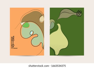 Plantilla de volante de comida orgánica de color retro. Diseño del logo de la línea de fruta dibujada a mano. Hortalizas de línea caligráfica de dibujos animados con curvas suaves 