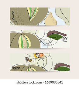 Retro flat colored organic food banner template. Hand drawn fruit line logo design. Cartoon calligraphic line vegetable with smooth curves grange textured.  Healthy eating web layout.